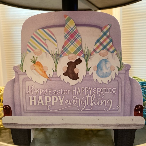 Easter Gnomes In A Purple Vintage Farmhouse Truck Happy Easter Wood Sign - Picture 2 of 15